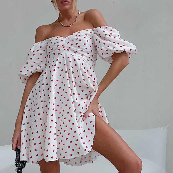 Summer Fashion Heart Print Boho Casual Off Shoulder High Waist Holiday Mini Dress
