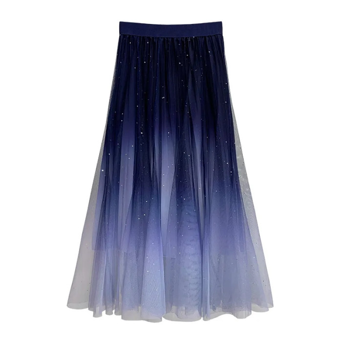Starry Sky Gradient Mesh Fashion A-line Pleated Casual High Waist Skirt