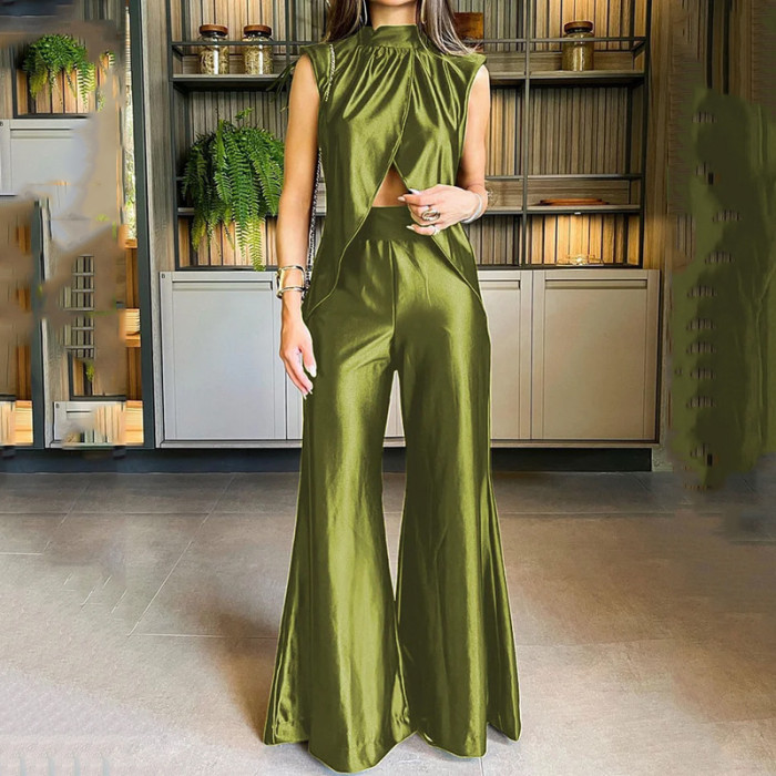 Women's Summer Fashion Casual Solid Color Two-Piece Top and Pants Set