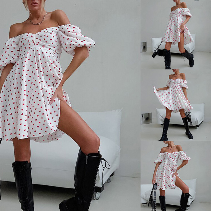 Summer Fashion Heart Print Boho Casual Off Shoulder High Waist Holiday Mini Dress