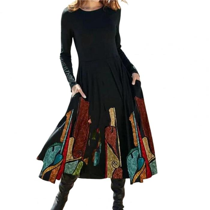 Women's Fashion Retro Gradient Print Pocket Large Hem Casual Midi Dress