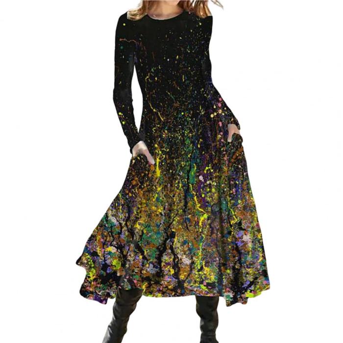 Women's Fashion Retro Gradient Print Pocket Large Hem Casual Midi Dress