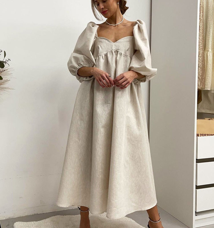 Summer Cotton Linen Loose Short Sleeve Square Neck Temperament Casual Elegant Midi Dress