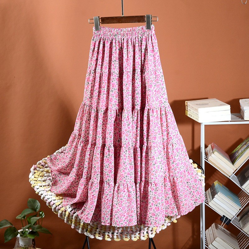 Summer Fashion Pink Floral Elegant High Waist Pleated Skirt