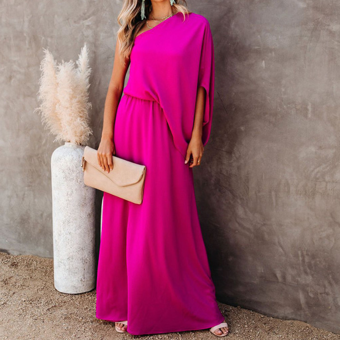 One Shoulder Batman Sleeve Party Solid Color Casual Elegant Design Boho Beach Maxi Dress