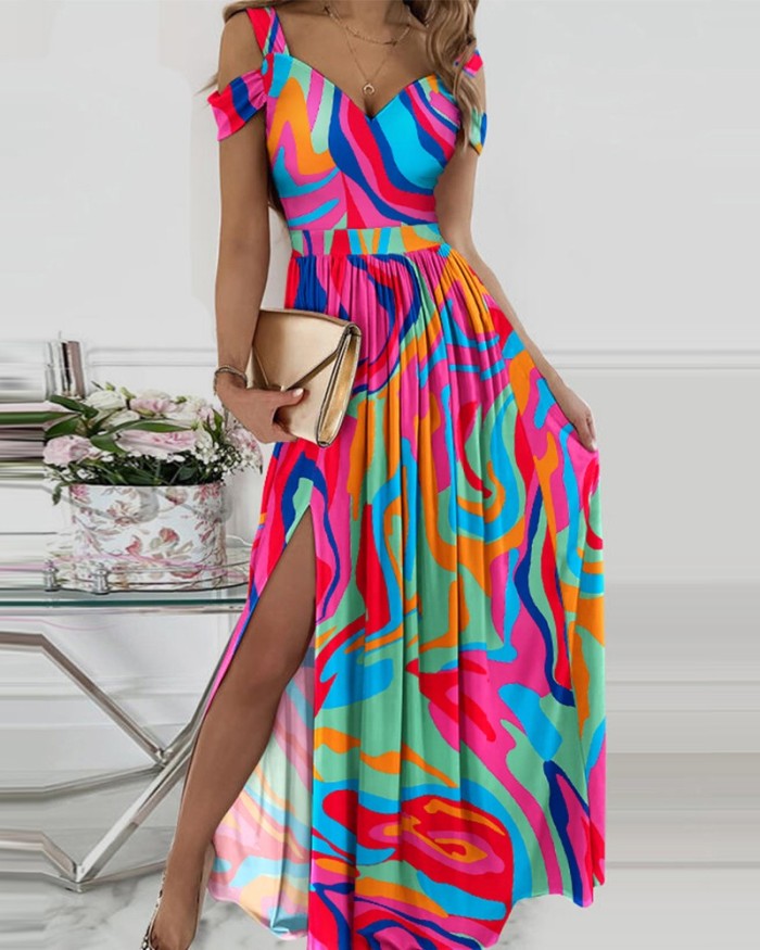 Women's Contrasting Color Stitching Printing V-neck Casual Fashion Holiday Maxi Dress