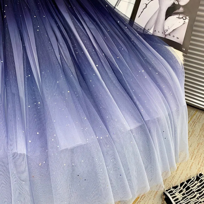 Starry Sky Gradient Mesh Fashion A-line Pleated Casual High Waist Skirt