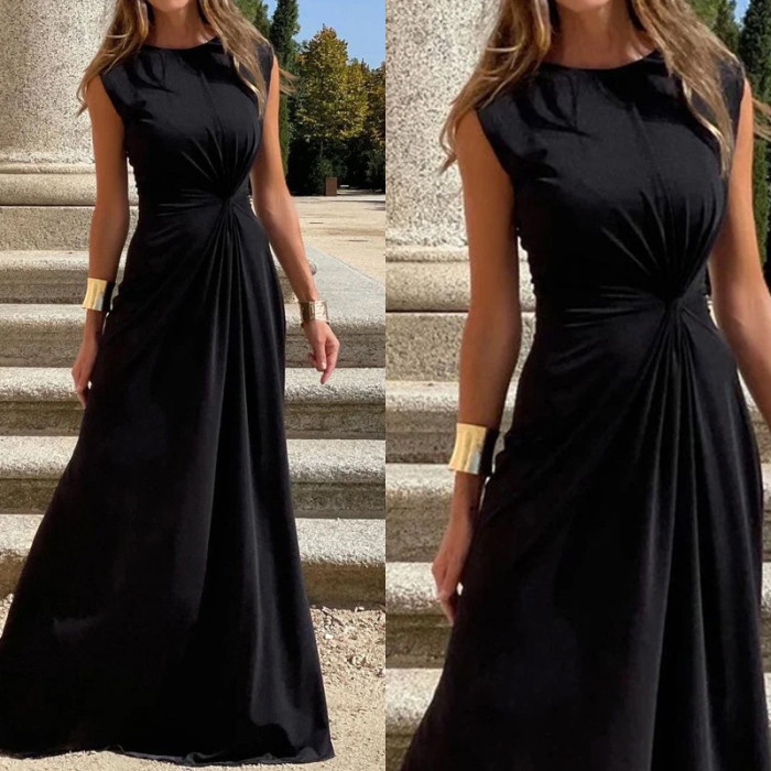 Women's Solid Color Round Neck Pleated Waist Elegant Swing Maxi Dress