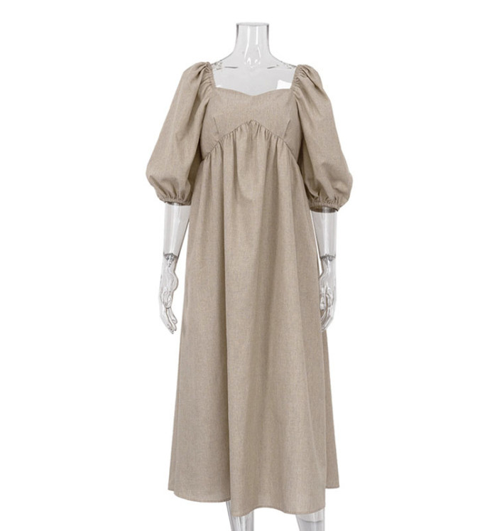 Summer Cotton Linen Loose Short Sleeve Square Neck Temperament Casual Elegant Midi Dress