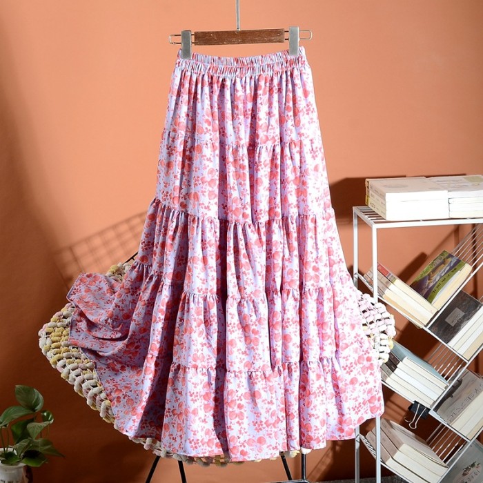 Summer Fashion Pink Floral Elegant High Waist Pleated Skirt