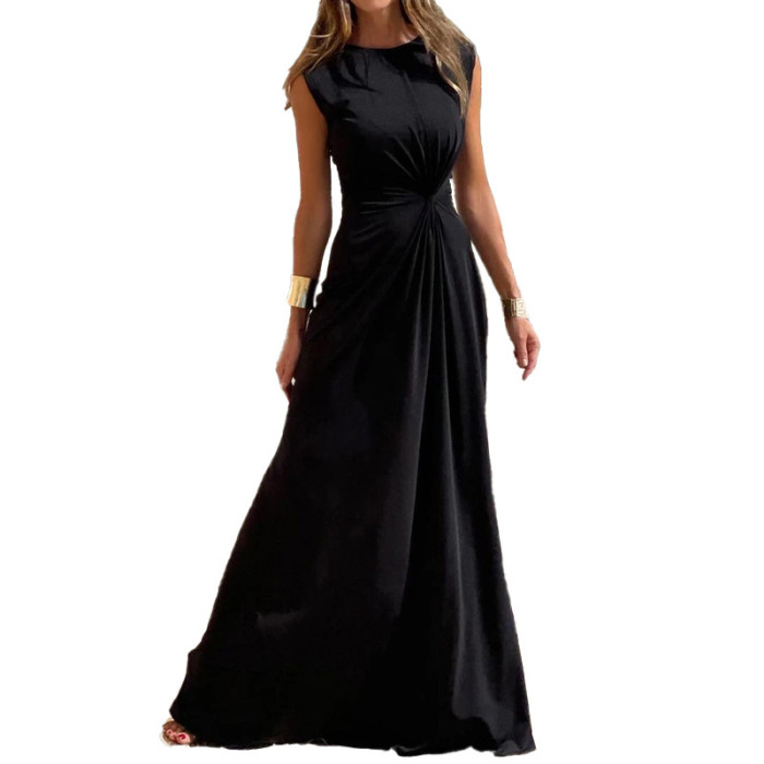 Women's Solid Color Round Neck Pleated Waist Elegant Swing Maxi Dress