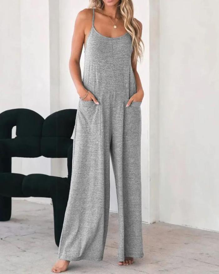 Women's Fashion Solid Color Pocket Design Casual Home Daily Loose Wide Leg Jumpsuit