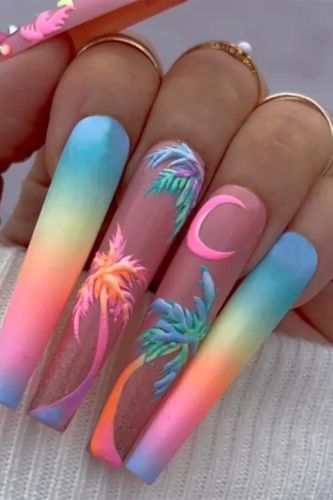 Fashion Color Moonlight Colorful Gradient Coconut Tree Long Nails