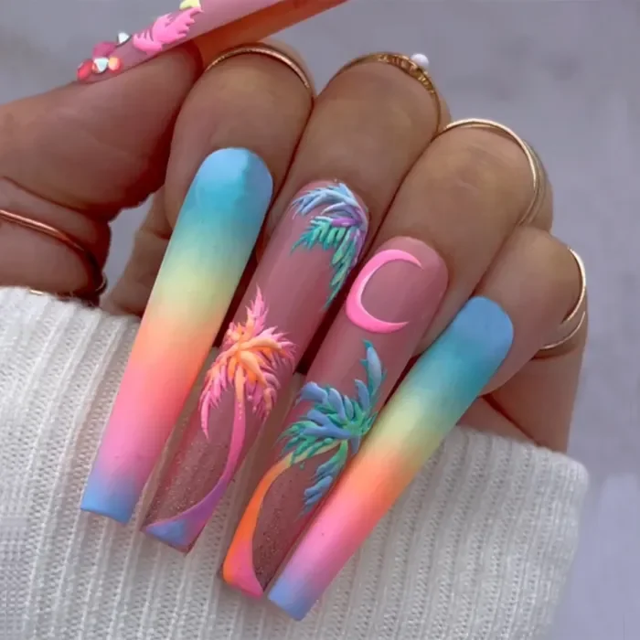 Fashion Color Moonlight Colorful Gradient Coconut Tree Long Nails