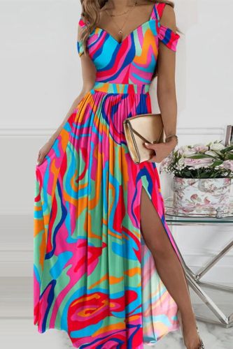 Women's Contrasting Color Stitching Printing V-neck Casual Fashion Holiday Maxi Dress