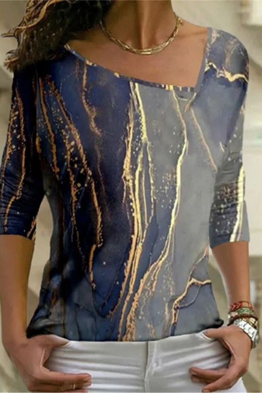 Women's Fashion Geometric Stripe Print Slash Neck Casual Long Sleeve Blouses