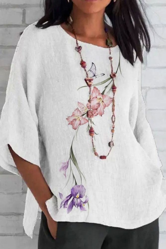 Women's Fashion Printed Round Neck Short Sleeve Loose Blouses