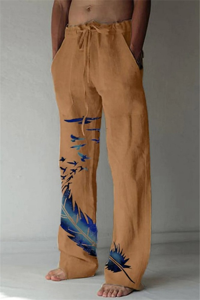 Men's Cotton Linen Solid Color Printed Breathable Casual Loose Wide Leg Pants