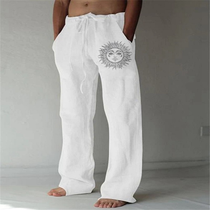 Men's Cotton Linen Casual Print Loose Wide Leg Oversized Sweatpants