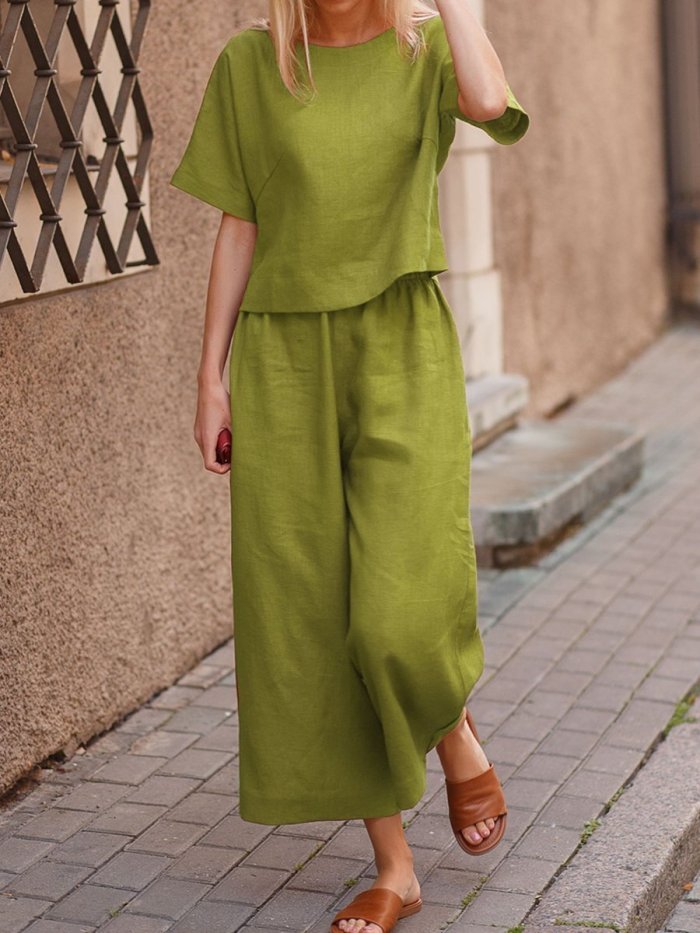 Summer Women's Linen Solid Color Loose Oversized Casual  Two Pieces Suit