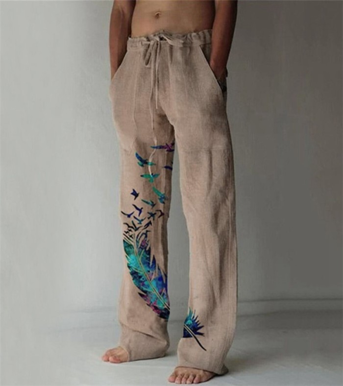 Men's Cotton Linen Solid Color Printed Breathable Casual Loose Wide Leg Pants