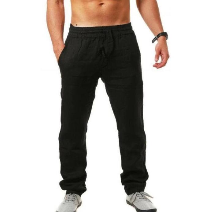 Men's Cotton Linen Breathable Solid Color Casual Fitness Street Sports Pants