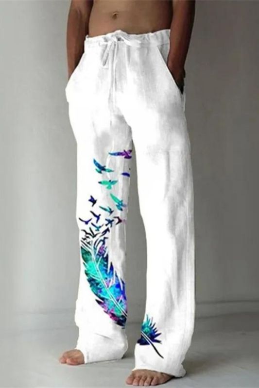 Men's Cotton Linen Solid Color Printed Breathable Casual Loose Wide Leg Pants