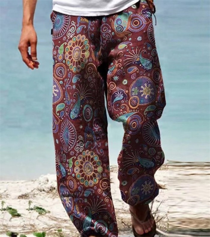 Men's Loose Casual Printed Retro High Street Beach Wide Leg Pants