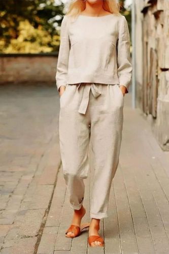 Women's Cotton Linen Long Sleeve Loose Solid Color Elegant Casual Pants  Two Pieces Set