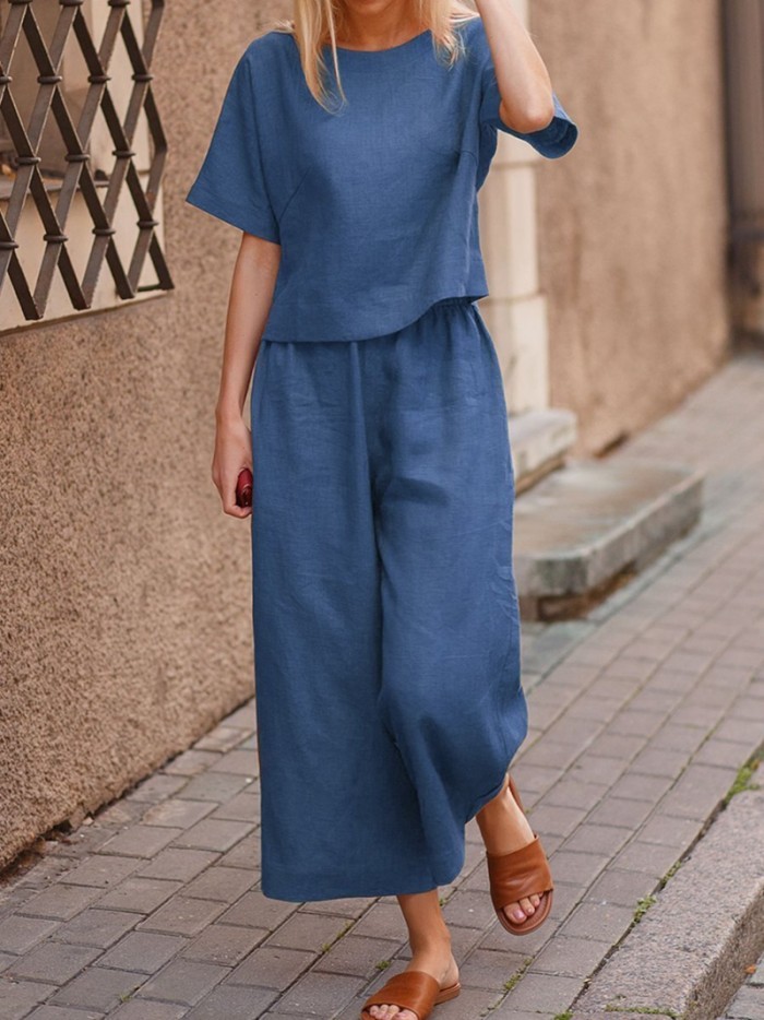 Summer Women's Linen Solid Color Loose Oversized Casual  Two Pieces Suit