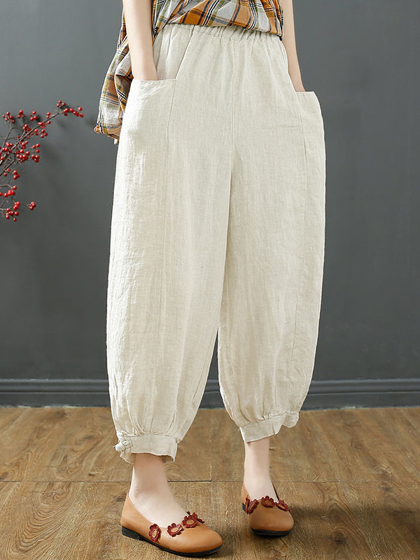 Women's Cotton Linen Elastic Waist Loose Pocket Loose Harem Pants