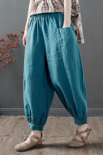 Women's Cotton Linen Elastic Waist Loose Pocket Loose Harem Pants