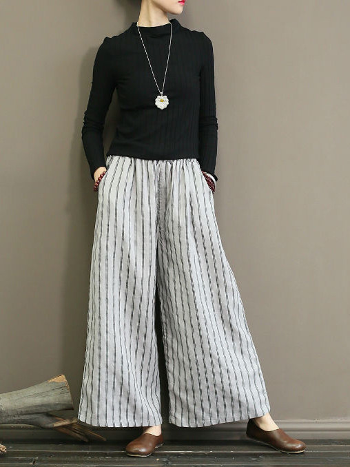 Women's Retro Striped High Waist Straight Printed Cotton Linen Slim Home Pants