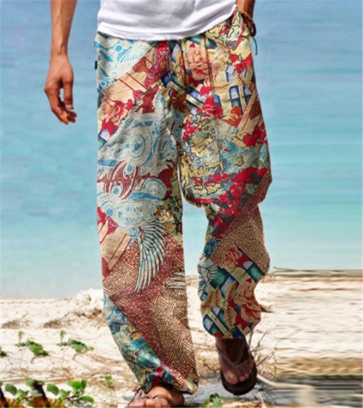 Men's Loose Casual Printed Retro High Street Beach Wide Leg Pants