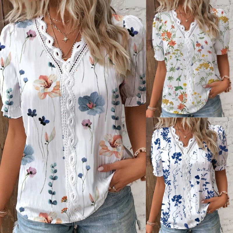 Women's Fashion Printing Solid Color Lace  Casual V Neck Blouses & Shirts