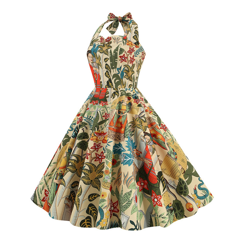 Summer Women Fashion Elegant Swing Print Sleeveless Halter Party Vintage Dress