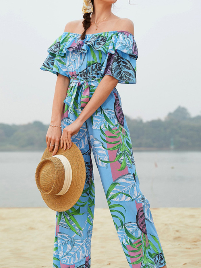 Summer Fashion Floral Short Sleeve Vacation Beach Jumpsuit