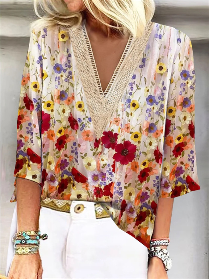 Fashion Summer Casual Flower Print Top Women Loose V Neck Blouses