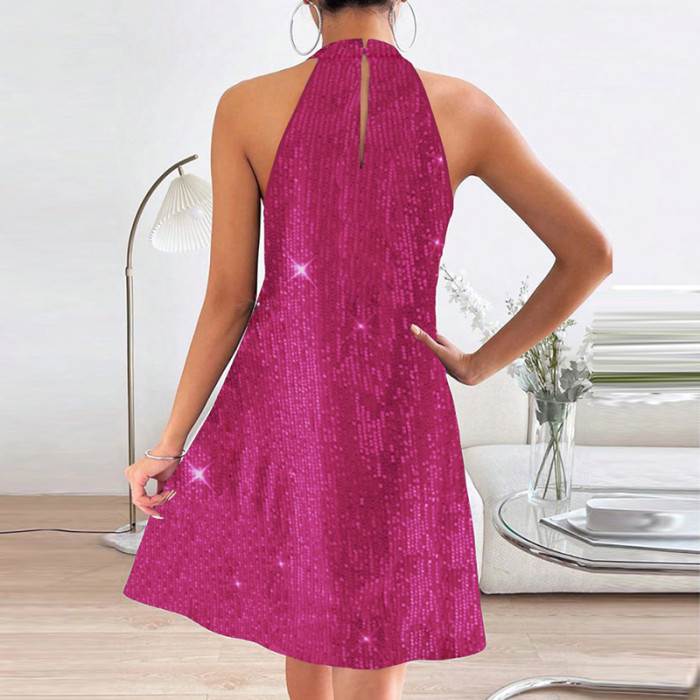 Summer Elegant Strapless Slim Sequin Fashion Shiny Party Sexy Crossover Halter Neck Mini Dress