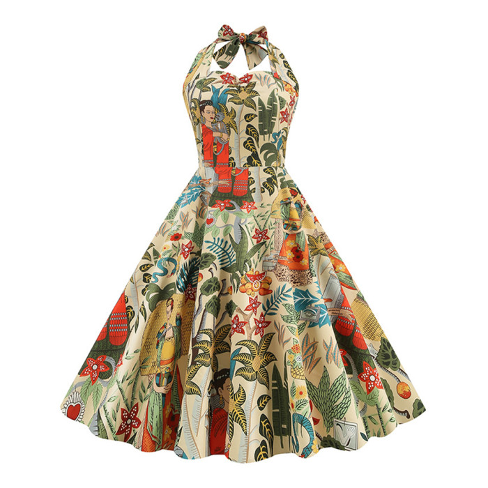 Summer Women Fashion Elegant Swing Print Sleeveless Halter Party Vintage Dress