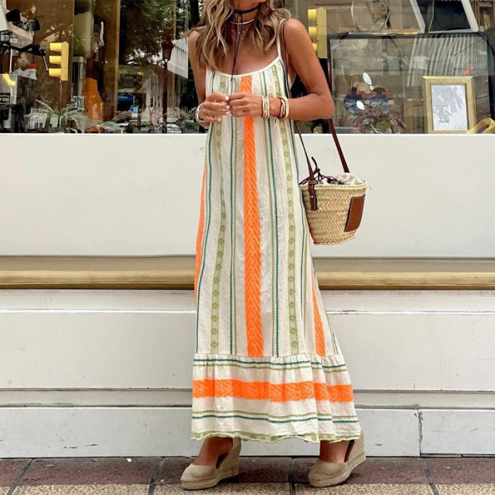 Summer Casual Stitching Ruffle Sexy Pattern Bohemian Fashion Loose Maxi Dress