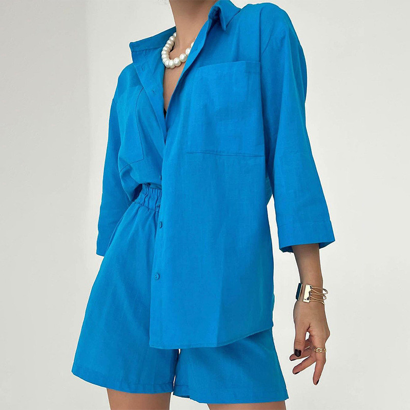Women's Fashion Cotton Linen Solid Color Pocket Shirt Casual Shorts Two-piece Set