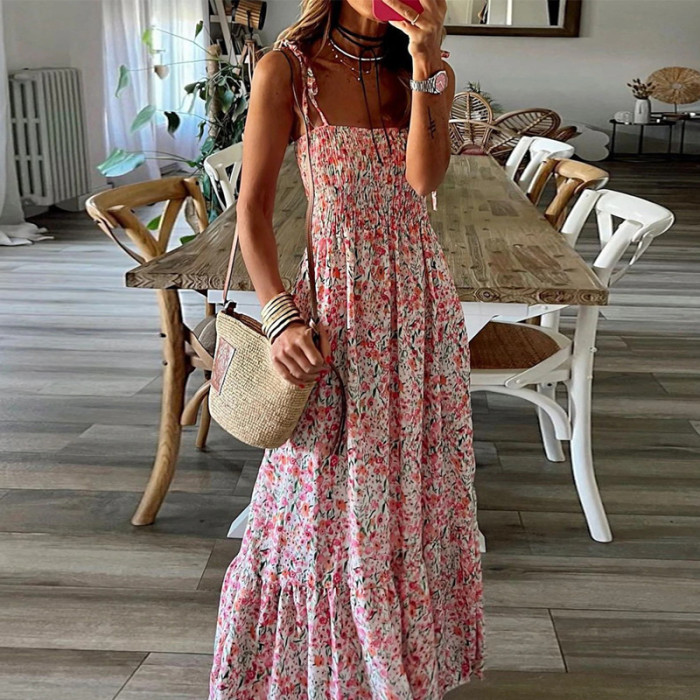 Chic Halter Loose Casual Ruffle A-Line Elegant Print Backless Beach Maxi Dress