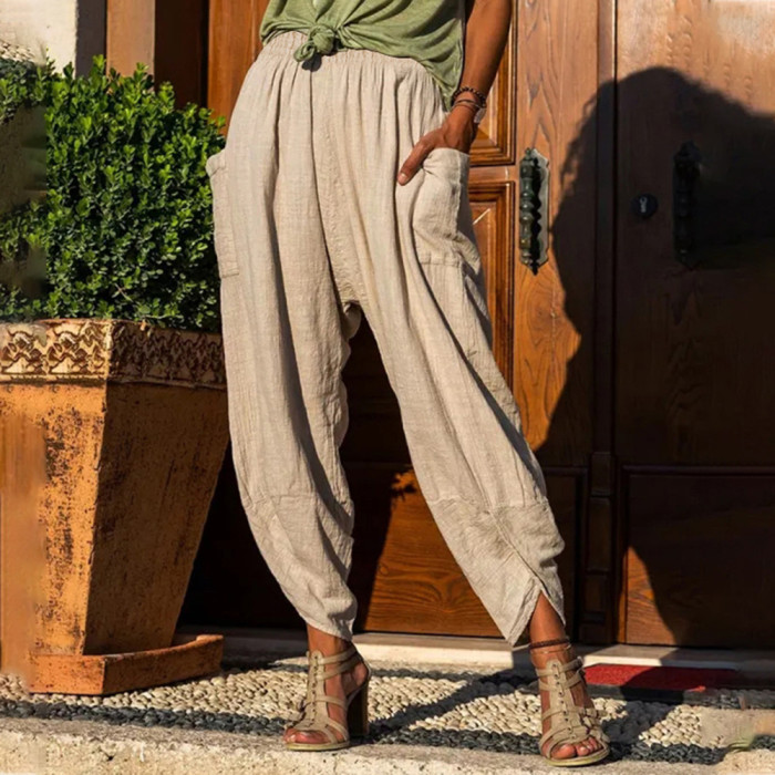 Women's Summer  Casual Breathable Solid Color Elastic Wide Leg Pencil Pants