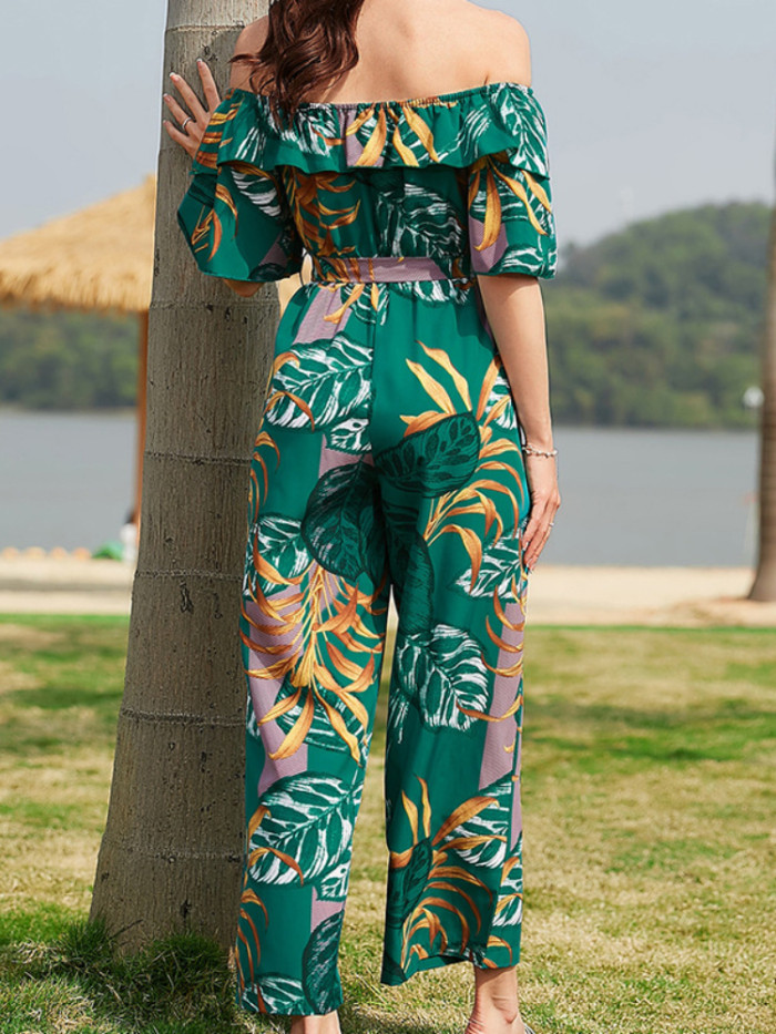 Summer Fashion Floral Short Sleeve Vacation Beach Jumpsuit