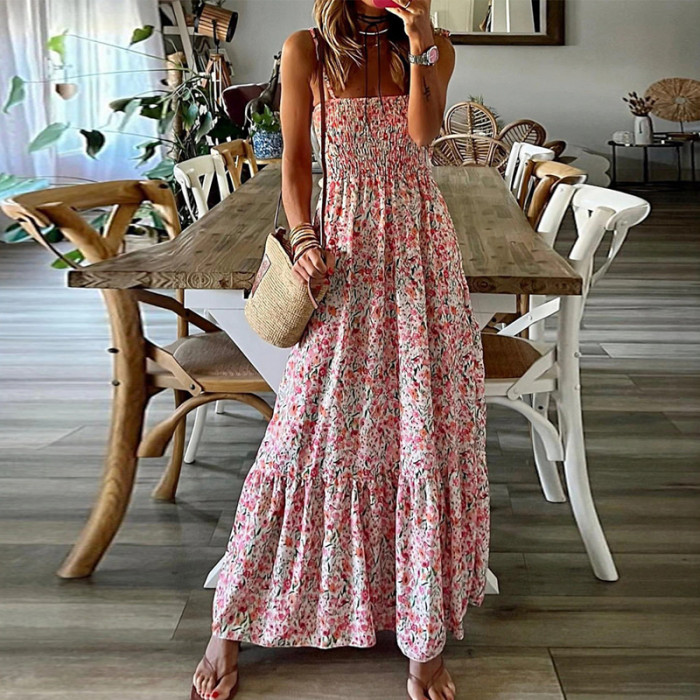 Chic Halter Loose Casual Ruffle A-Line Elegant Print Backless Beach Maxi Dress