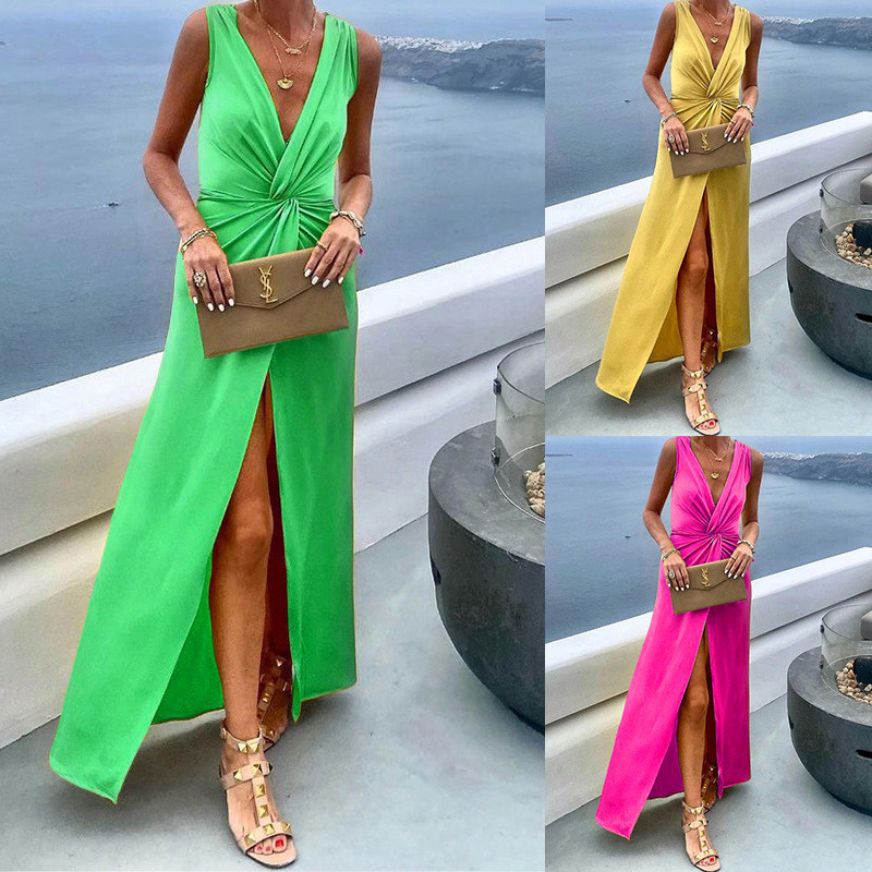 Summer Fashion Solid Color V Neck Slit Sleeveless Casual Maxi Dress