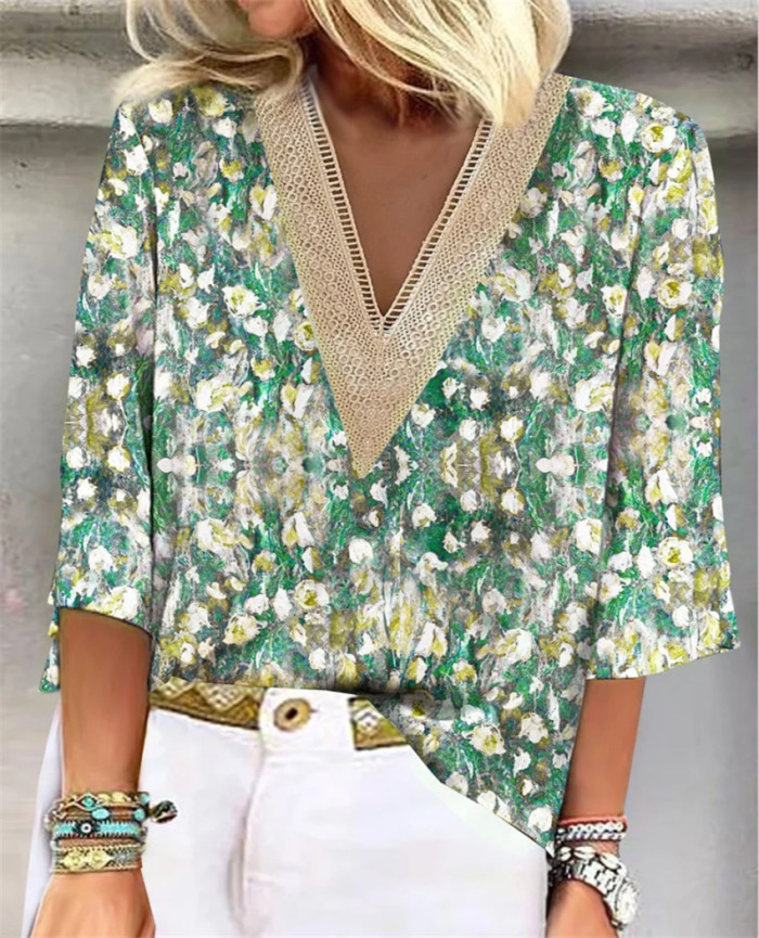 Fashion Summer Casual Flower Print Top Women Loose V Neck Blouses