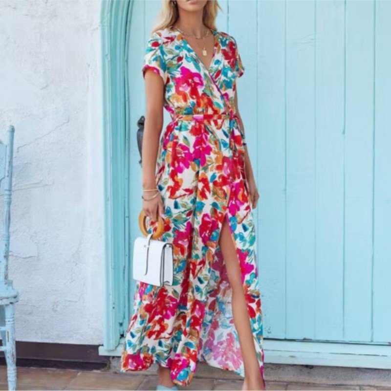 Women's Summer Slit Print Sexy V Neck Tie Fashion Casual Maxi Dress