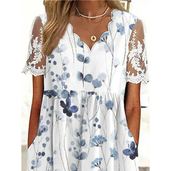 Summer Fashion Floral Print V Neck Short Sleeve Swing Holiday Casual Dress